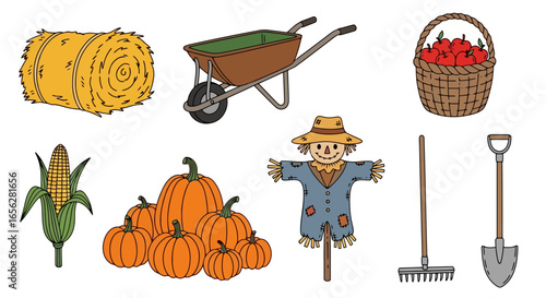 Charming agricultural elements in cartoon style. Ideal for children's books, educational resources about farming, and seasonal autumn-themed projects.