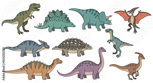 Colorful Dinosaur Illustration Set for Educational Resources and Children's Designs, Ideal for educational materials, games, or decorative elements for kids.