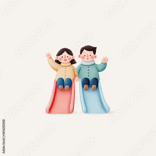Watercolor Illustration of Smiling Children Sliding Down Colorful Slides Waving
