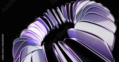 A spiral-shaped, futuristic, metallic structure in shades of purple and silver against a dark backdrop, offering a sense of movement and depth