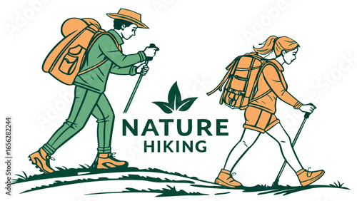 Nature hiking concept with couple walking outdoors with backpacks illustration
