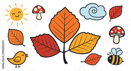 Cheerful Autumnal Vector Illustration Featuring Leaves, Mushrooms, Sun, and Bee. Perfect for Seasonal Designs, Educational Materials, and Children's Illustrations.