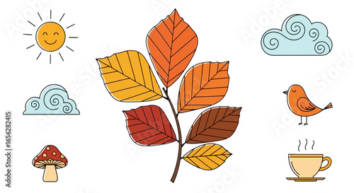 Autumnal Illustration Featuring Colorful Leaves, Warm Beverage, and Cozy Elements. Suitable for seasonal designs, greeting cards, or autumn-themed marketing materials.