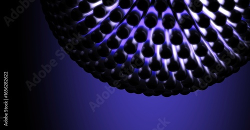 A futuristic and abstract design that is a complex pattern of repeating holes creating a sphere, with a cool gradient background