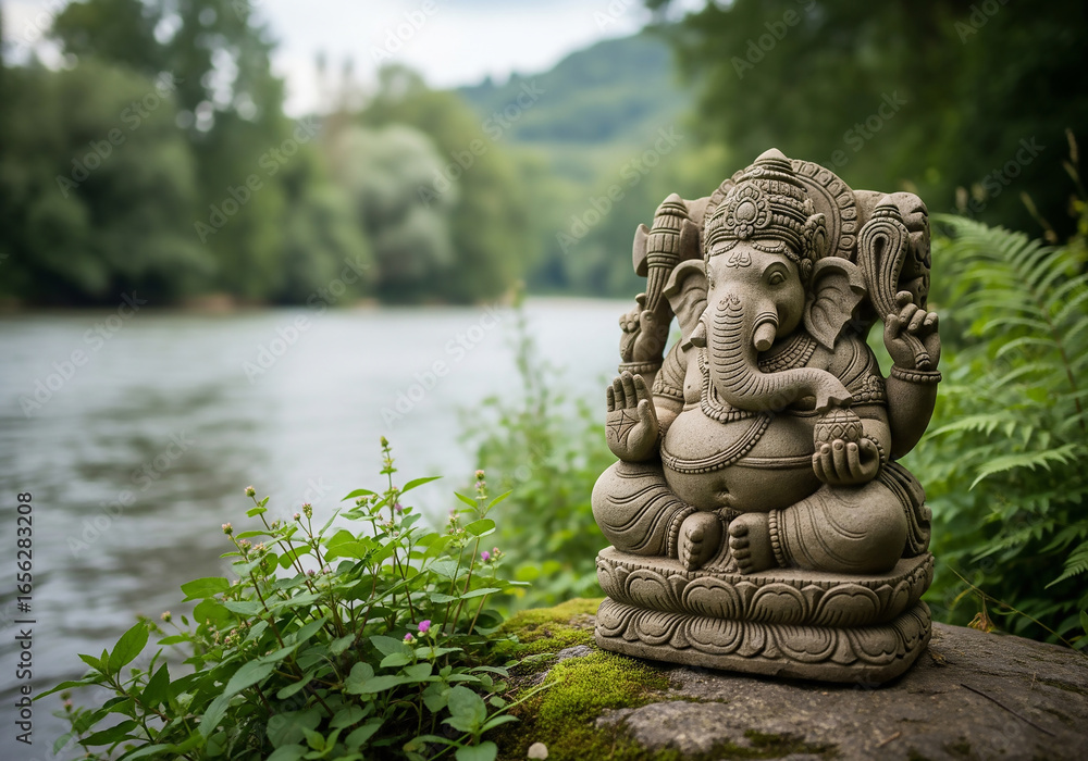Obraz premium A stone-like idol of Lord Ganesha placed on a mossy rock near a serene river, symbolizing a peaceful spiritual connection with nature.