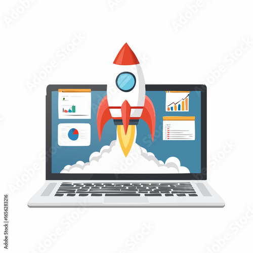 Startup growth vector with rocket launching from laptop and analytics. Represents entrepreneurship, innovation, and business growth.