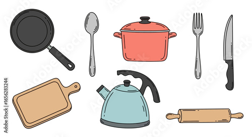Colorful kitchenware illustration featuring essential cooking tools for culinary design projects, recipe websites, and food-related content creation and promotion