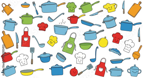 Playful Culinary Pattern Featuring Whimsical Kitchen Utensils and Chef Accessories for Children's Educational Materials and Food-Themed Designs