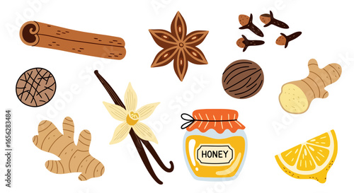 Aromatic Spice Collection Featuring Cinnamon, Star Anise, Vanilla and Honey. Perfect for Recipe Illustrations, Culinary Design, or Promoting Natural Remedies.