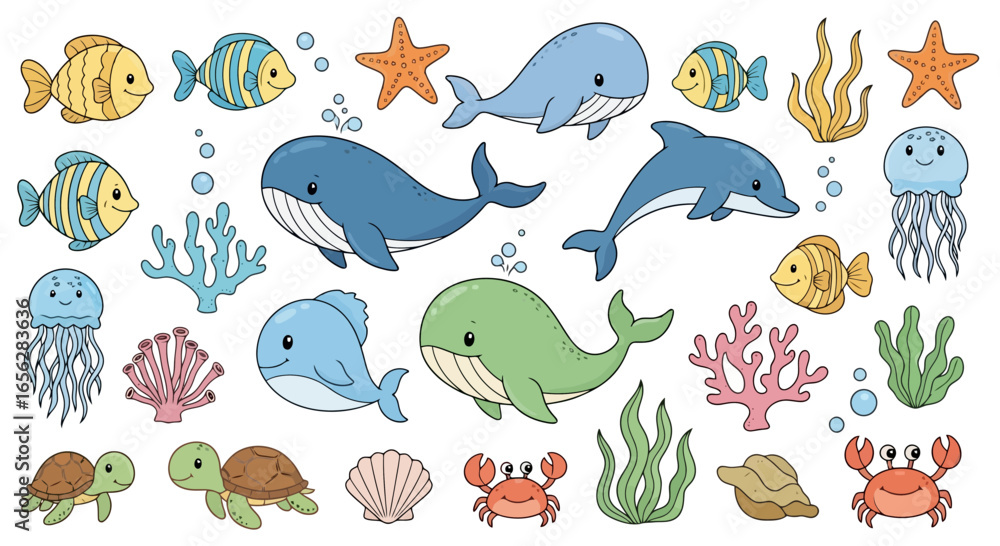 Naklejka premium Adorable Undersea Creatures Collection for Children's Illustrations, Educational Materials, and Marine-Themed Decorations, Appealing to a Young Audience