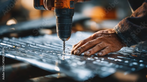 Close-Up of Worker Operating Electric Drill on Metal Sheet in Workshop, Capturing the Action and Detail in Industrial Environment During Daylight Hours