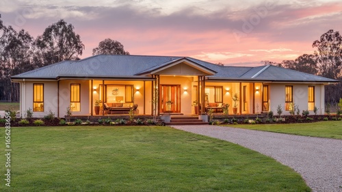 Modern Family Home Surrounded by Nature at Sunset with Warm Lights and Inviting Entrance, Perfect for Real Estate and Architectural Photography