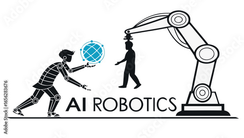 Artificial intelligence robotics with humanoid robot and robotic arm illustration
