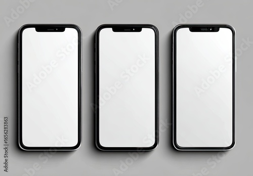 Three black smartphones with blank screens