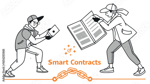 Two people discussing smart contracts blockchain agreement illustration
