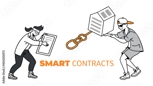 People demonstrating smart contracts with blockchain technology illustration

