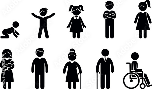 Stickman family and people life icons set vector – parents, children, grandparents, relationships silhouette figures