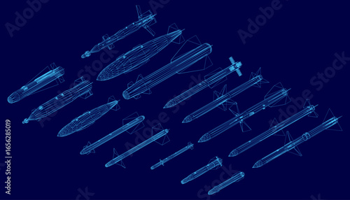 A blueprint of multiple submarines arranged symmetrically on a blue background, featuring distinct shapes and sizes. The white wireframe submarines contrast sharply against the blue.