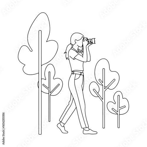 A simple line drawing of a woman holding a camera in nature; suitable for t-shirt prints, banners, or posters.