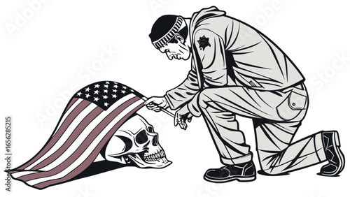 Man kneeling with usa flag and skull illustration symbol of patriotism sacrifice and remembrance

