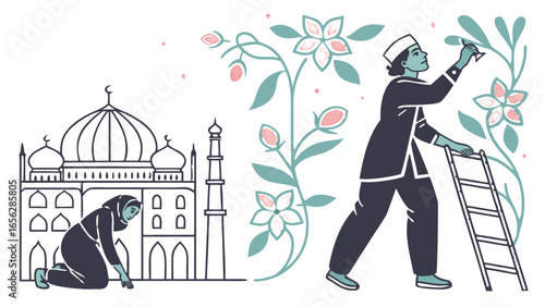People gardening with mosque background illustration symbol of religion tradition and eco care
