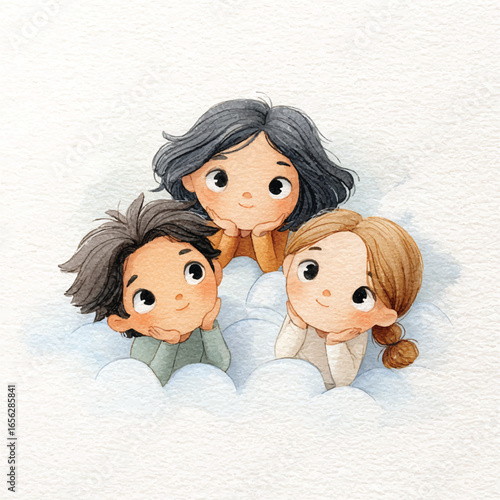 Watercolor Illustration of Three Children Resting on Cloudlike Pillows
