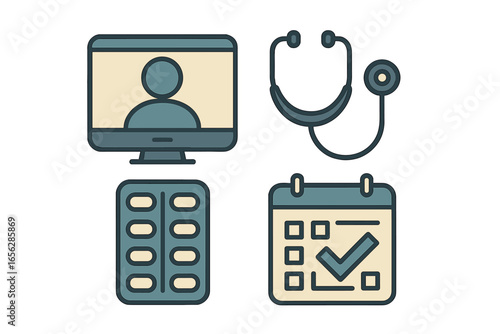 Medical Icons: Telemedicine, Stethoscope, Pills, Calendar