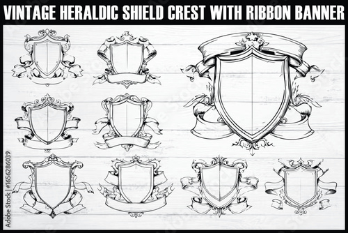 Hand-Drawn Heraldic Shield and Ribbon Emblem Set

