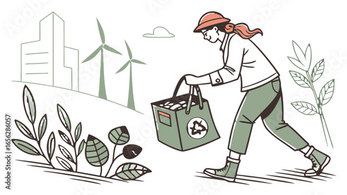 Eco lifestyle illustration with woman carrying recycle bag promoting green environment
