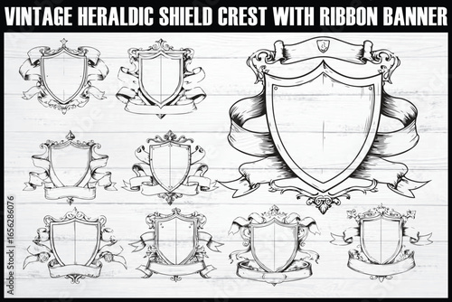 Hand-Drawn Heraldic Shield and Ribbon Emblem Set

