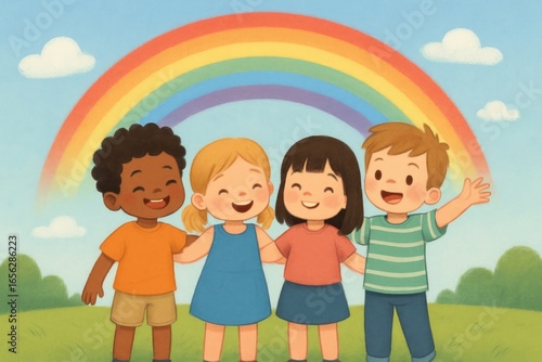 Children joyfully under rainbow