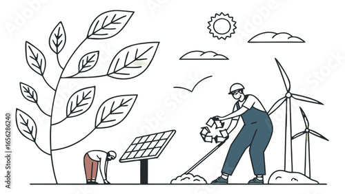 Renewable energy and recycling illustration with wind turbine solar panel and eco lifestyle
