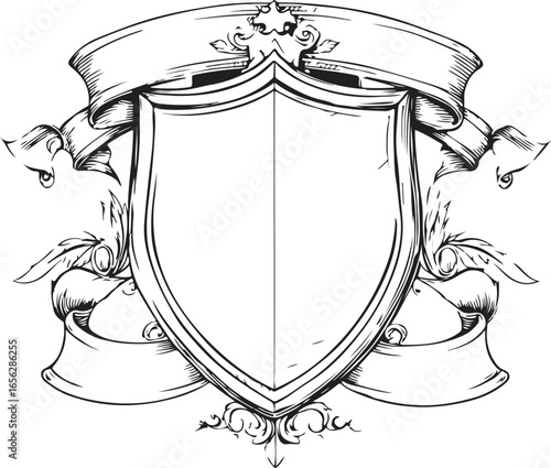 Hand-Drawn Heraldic Shield and Ribbon Emblem Set

