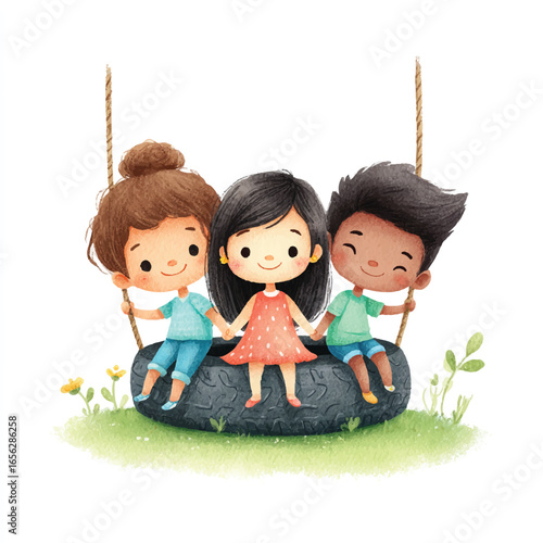 Watercolor Illustration of Three Children Swinging Together on a Tire Swing