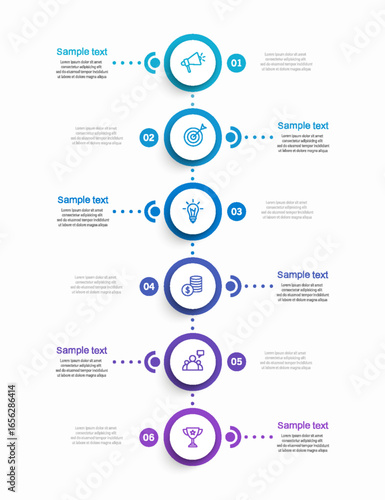 Business infographic design template with 6 options, steps or processes. Can be used for workflow layout, diagram, annual report, web design	
