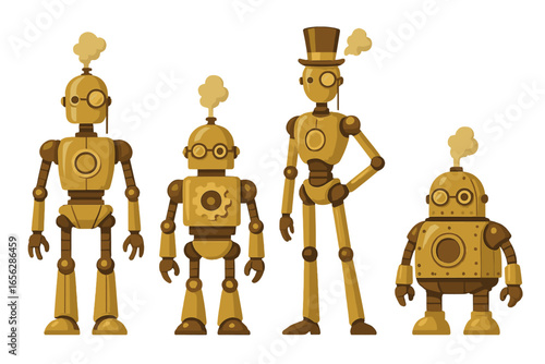 Steampunk robots with goggles and steam