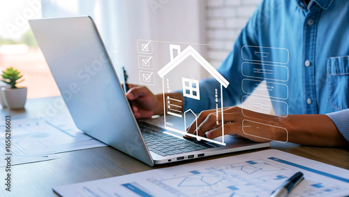 Man meticulously planning real estate investment using modern technology and digital analytics on laptop