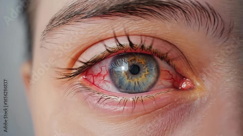 Close up off conjunctivitis infeced red eye, Red eye suffering from allergy. Conjunctivitis or other eye disease concept	