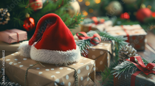 Festive Christmas scene with Santa hat on polka dot gift boxes, surrounded by pine branches and ornaments