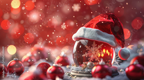 Festive Christmas scene with snow globe wearing Santa hat surrounded by red ornaments and snowflakes