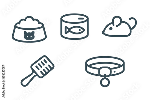 Pet care icons: food, bowl, toy, scoop, collar