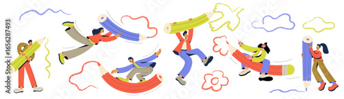 Team of creative people with huge pencils drawing lines, clouds and flowers. Modern flat vector concept for art, creativity, teamwork, design, imagination, inspiration and education.