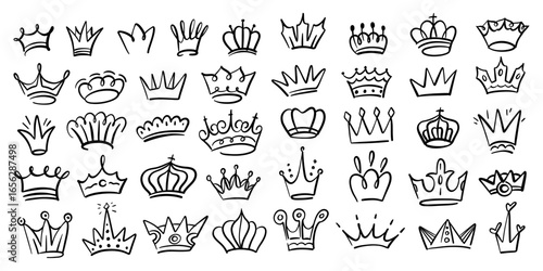 Collection of 36 hand drawn crowns. Doodle style vector icons for royalty, luxury, princess, king, queen, celebration, tattoo, stickers, fashion, logo or decoration.