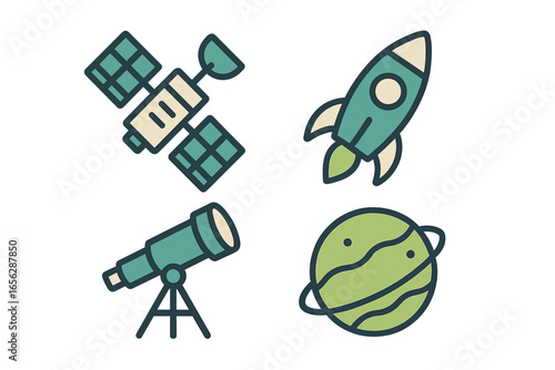 Space exploration icons: rocket, satellite, planet, telescope