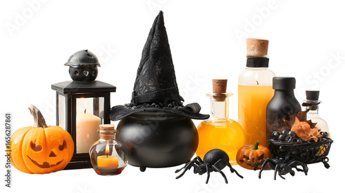 Halloween witch hat, cauldron, pumpkin lantern, potion bottles, spider, and candy bowl on white background, perfect for spooky holiday decorations