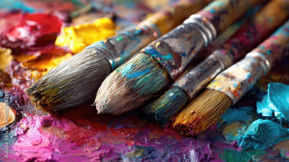 Fototapeta premium Used paintbrushes on a colorful palette, artistic tools, studio setting, creative process