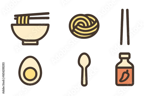 Asian Food Icons: Noodles, Egg, Chopsticks, Sauce