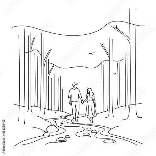 A straight line sketch of a couple walking hand in hand along a river; perfect for themes of love, romance, and traveling together.