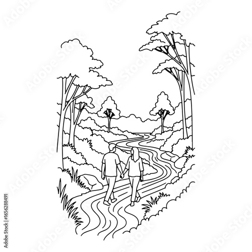 A straight line sketch of a couple walking hand in hand along a river; perfect for themes of love, romance, and traveling together.