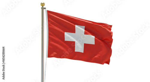 Swiss flag waving on flagpole isolated on white background, national symbol of Switzerland, perfect for patriotic or travel themes